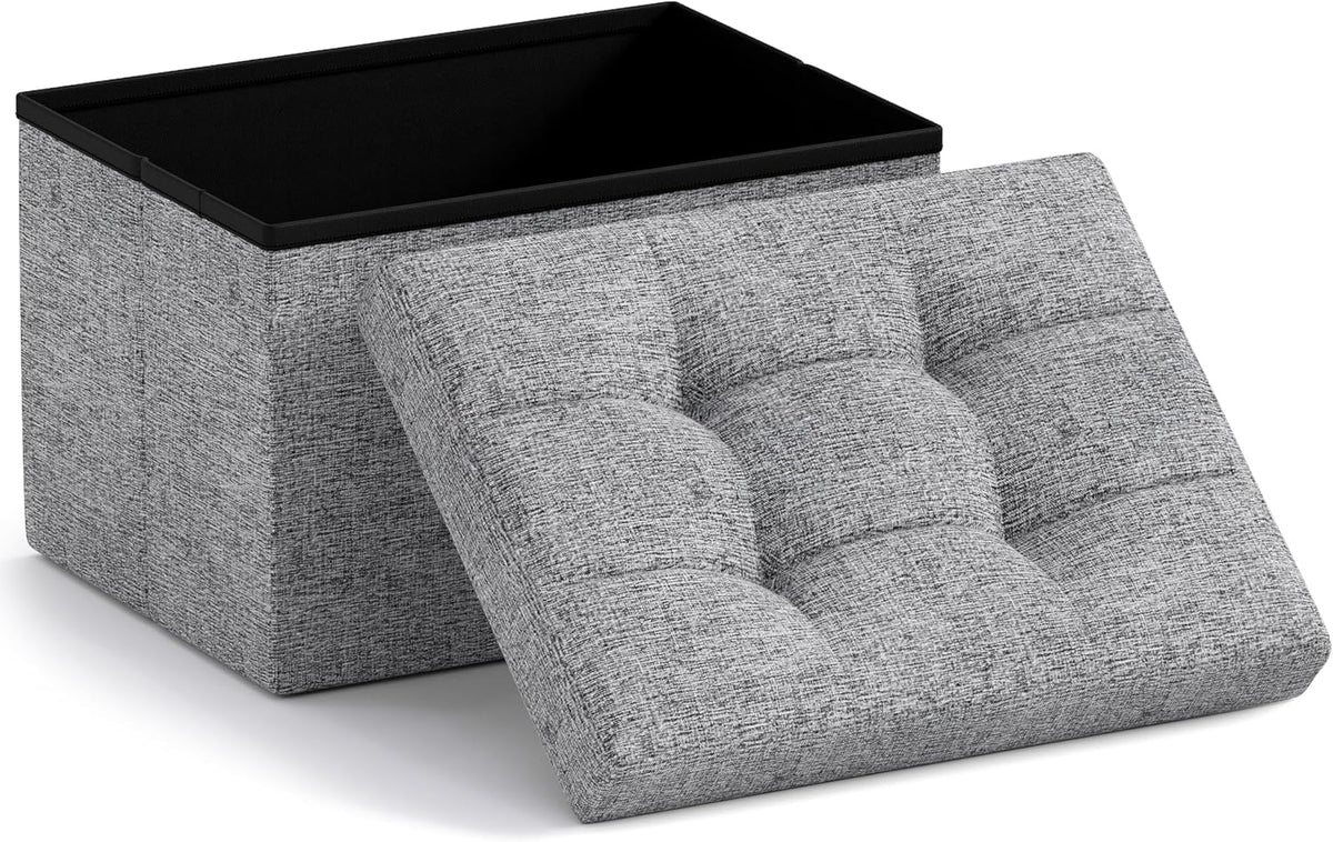 Ornavo Home Small Storage Ottoman Foldable Collapsible Rectangle Linen Ottoman Foot Rest Stool Seat, for Living Room, Bedroom, Home Office, Dorm - 12 x 16 x 12, Gray