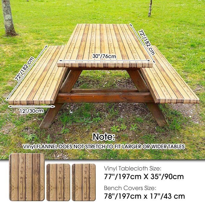 Boao 3 Pcs Vinyl Picnic Table Cover with Bench Cover 6 ft 30 x 72 Inch Waterproof Fitted Tablecloth Flannel Backing Rectangular Elastic Edged for Camping Outdoor Patio Travel(Wood Grain)