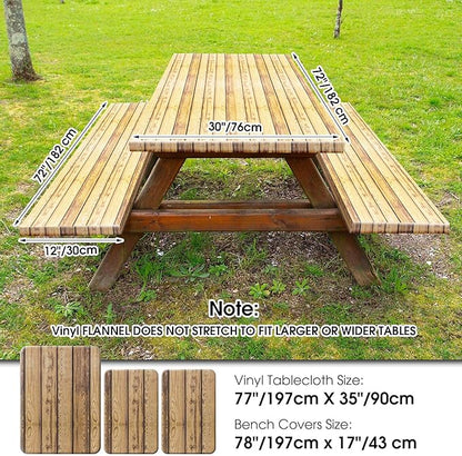Boao 3 Pcs Vinyl Picnic Table Cover with Bench Cover 6 ft 30 x 72 Inch Waterproof Fitted Tablecloth Flannel Backing Rectangular Elastic Edged for Camping Outdoor Patio Travel(Wood Grain)