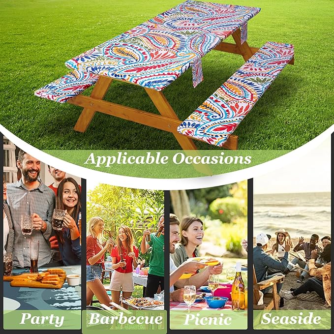 Fitted Picnic Table Cover with Bench Covers Waterproof Elastic Edges Rectangle Patio Tablecloth Outdoor Camping Essentials Stuff Rv Accessories Summer Trip Travel Supplies Party Camper Gifts, 8 ft