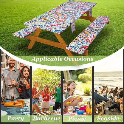 Fitted Picnic Table Cover with Bench Covers Waterproof Elastic Edges Rectangle Patio Tablecloth Outdoor Camping Essentials Stuff Rv Accessories Summer Trip Travel Supplies Party Camper Gifts, 8 ft
