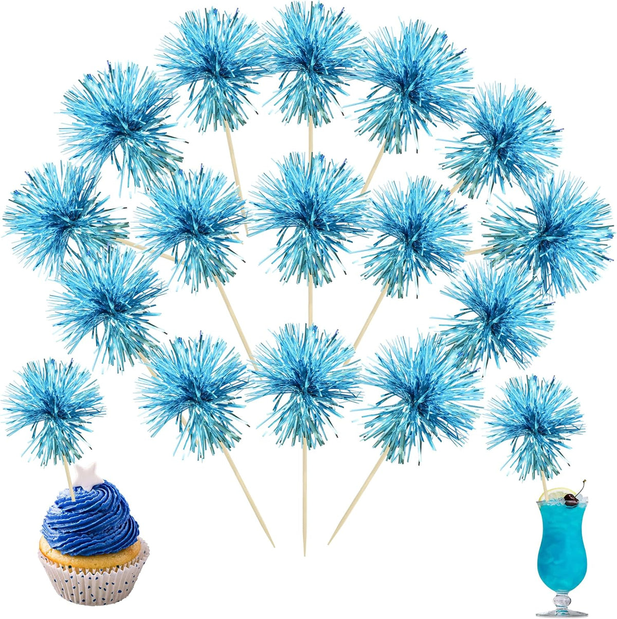 Ephlyn 30Pcs Foil Firework Cupcake Toppers Sparkle Tinsel Cupcake Picks Happy Birthday Cake Toppers Drink Stirrers Cocktail Food Toothpicks for Baby Shower Birthday Party Supplies Lake Blue