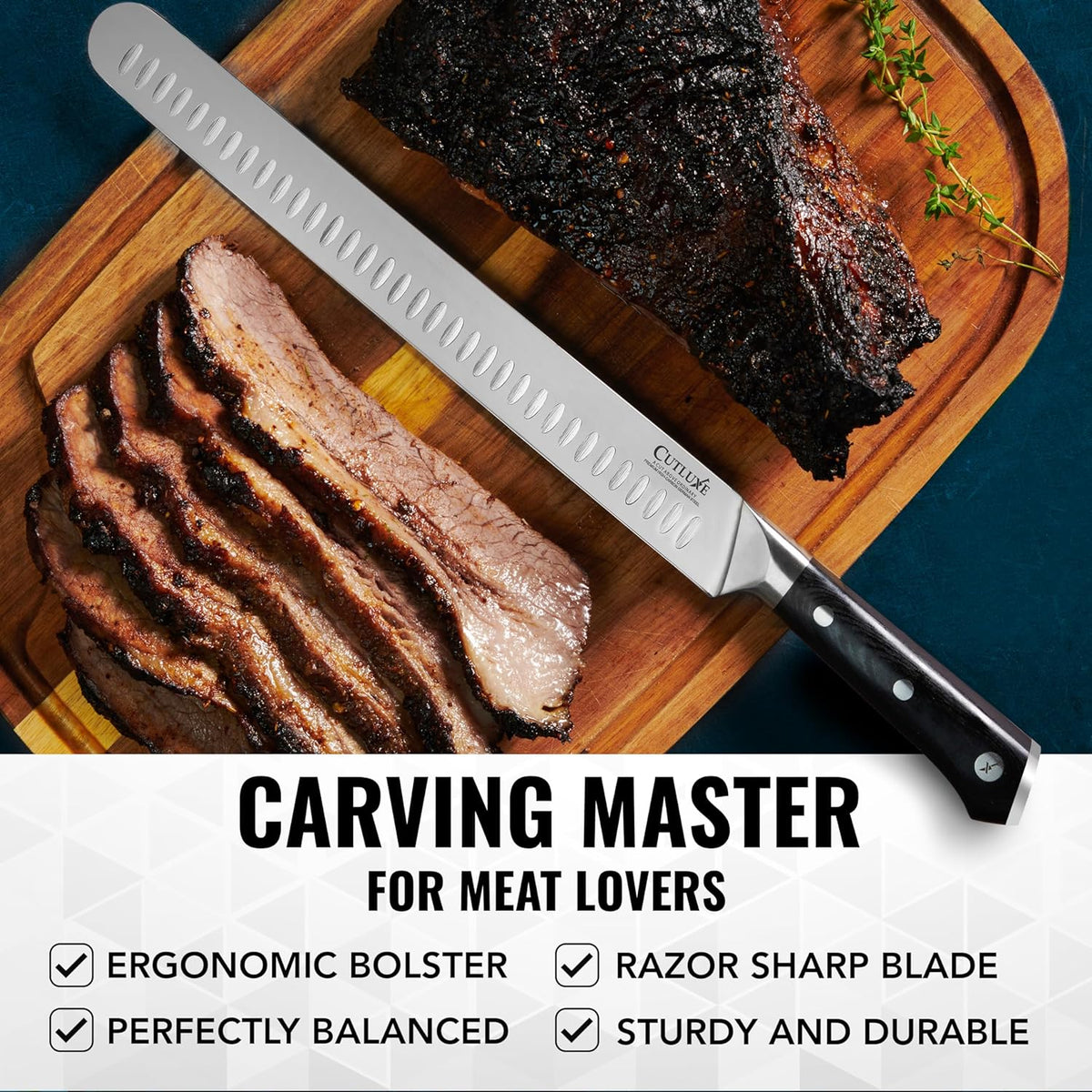 Cutluxe Slicing Carving Knife – 12" Brisket Knife, Meat Cutting and BBQ Knife – Razor Sharp German Steel, Sheath Included, Full Tang