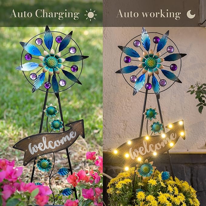 TERESA'S COLLECTIONS Peacock Garden Solar Stake, Wind Spinner Yard Art Sign for Outdoor Decor, Metal Purple Floral Windmill Decorative Garden Stake for Lawn Ornaments, Gifts for Mom, 37''