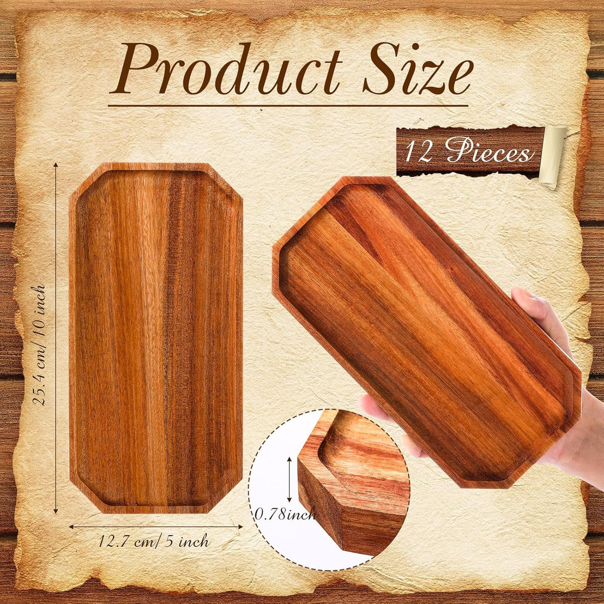 Dandat 12 Pack Wooden Serving Platter Bulk Acacia Wood Platters 10 x 5 Inch Rustic Serving Tray Rectangular Charcuterie Board Cheese Plate for Home