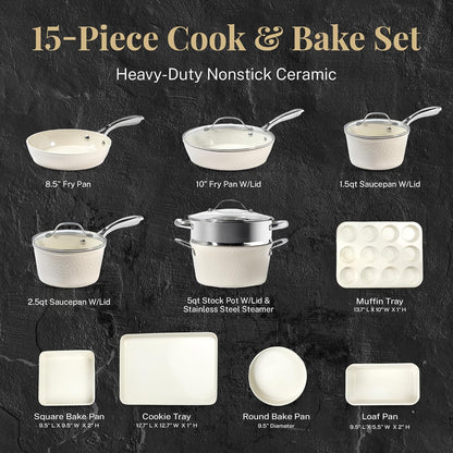 Gotham Steel Hammered 15Pcs Ceramic Cookware Set Nonstick, Induction Pots and Pans Set Non Stick with Bakeware Set & Steamer for Cooking, Non Toxic PFOA PFOS Free, Oven & Dishwasher Safe, Cream White