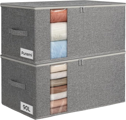 punemi King Size Comforter Storage Bag w/Sturdy Structure, 90L Extra Large Blanket Storage Bag for Bedding, Pillows, Quilts&Duvets, Stackable Closet Organizer with Clear Window,25.6x17.3x11.8in,Gray