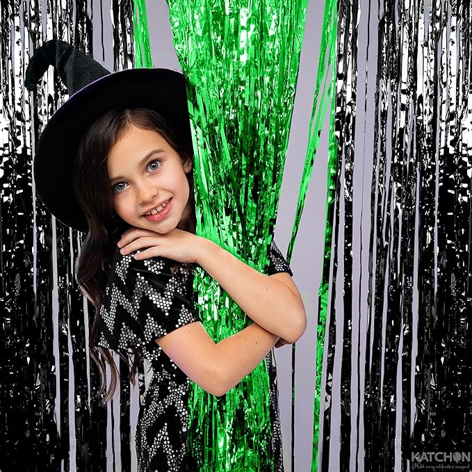 KatchOn, Green and Black Fringe Backdrop Curtains - Pack of 4 | Black and Green Party Decorations | Golf Party Decorations, Birthday, Bachelorette, Wedding, Masters Party Decorations