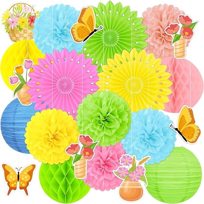 22pcs Spring Decorations for Home – Hanging Paper Fans, Lanterns, Pom Poms, Hanging Swirls for Office, Classroom, Birthday Party, Indoor Outdoor Ceiling Decor