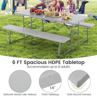 Giantex 6 FT Folding Picnic Table Bench Set- Outdoor Dining Set for 8 Persons w/All-Weather HDPE Tabletop, Metal Leg, Large Outside Dining Table for Lawn Patio Garden Yard Poolside, Grey