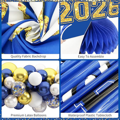 Graduation Decorations Class of 2026 Congrats Grad 2026 Party Supplies Include Backdrop Tablecloth Balloon Boxes with Letters Honeycomb Centerpieces Balloon Arch Kit Foil Balloons (Blue and Gold)