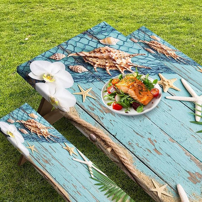 Picnic Table Cover with Bench Covers Elastic Edges, Beach Ocean Fitted Table Cover, Outdoor Patio Camping Essentials 72 Inch 3PCS, Waterproof Camping Fitted Tablecloth with Drawstring Bag