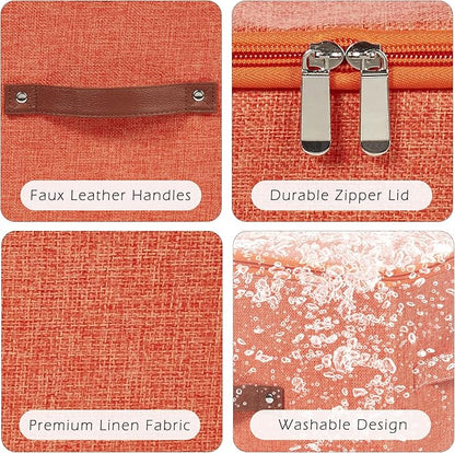 2 Pack Storage Bins with Zipper Lid Cotton Linen Fabric Lidded Storage Baskets Boxes Foldable Washable Closet Shelf Clothes Organizer Container with PU Leather Handles (Orange, Large)