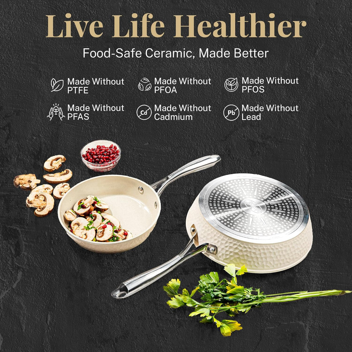 Gotham Steel Hammered 15Pcs Ceramic Cookware Set Nonstick, Induction Pots and Pans Set Non Stick with Bakeware Set & Steamer for Cooking, Non Toxic PFOA PFOS Free, Oven & Dishwasher Safe, Cream White