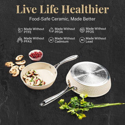 Gotham Steel Hammered 15Pcs Ceramic Cookware Set Nonstick, Induction Pots and Pans Set Non Stick with Bakeware Set & Steamer for Cooking, Non Toxic PFOA PFOS Free, Oven & Dishwasher Safe, Cream White