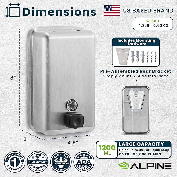 Alpine Stainless Steel Soap Dispenser Wall Mount - Commercial Liquid Wall Soap Dispenser for Bathroom, Kitchen, Refillable 1200 ml Large ADA Compliant (Vertical)