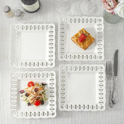 Square Appetizer Plate, Set of 4, 8 inch Ceramic White Dinner Plates with Lace Rim