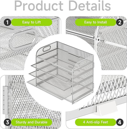 Cawukege 5 Tier Paper Organizer with Handle, Silver Metal Mesh Desk Organizer File Folder Paper Letter Tray Desktop Document Sorter for Classroom, School, Office Accessories Organization and Storage