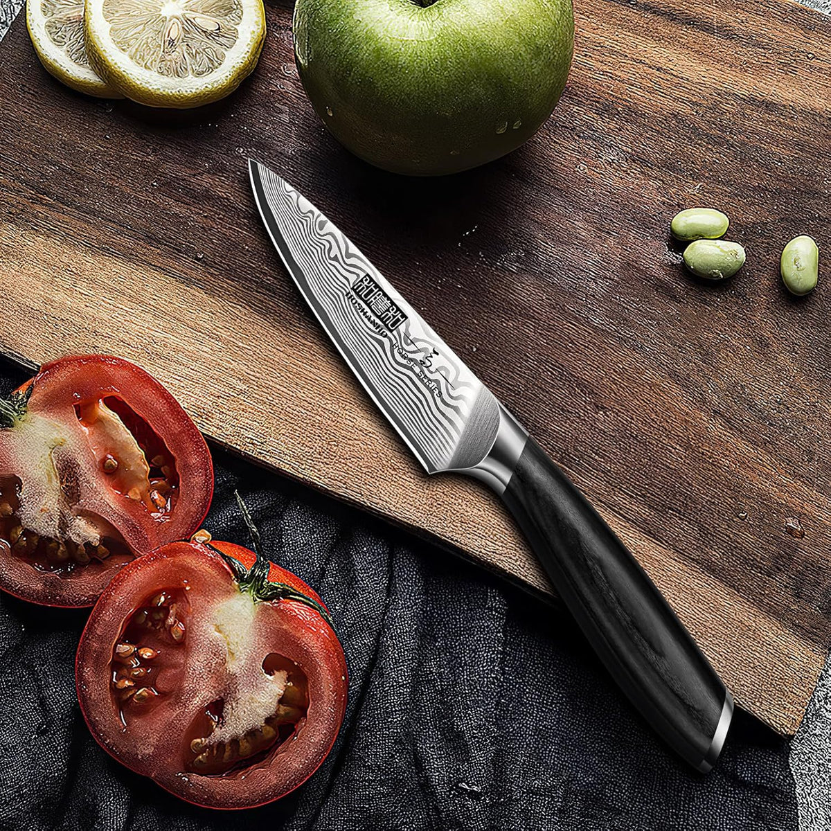 Paring Knife 3.75 Inch, High Carbon Powder Steel Forged Small Kitchen Knives, Razor Sharp Japanese Fruit Knife with Ergonomic Pakkawood Handle
