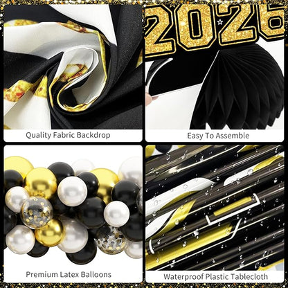 Graduation Decorations Class of 2026 Congrats Grad 2026 Party Supplies Include Backdrop Tablecloth Balloon Boxes with Letters Honeycomb Centerpieces Balloon Arch Kit Foil Balloons (Black and Gold)