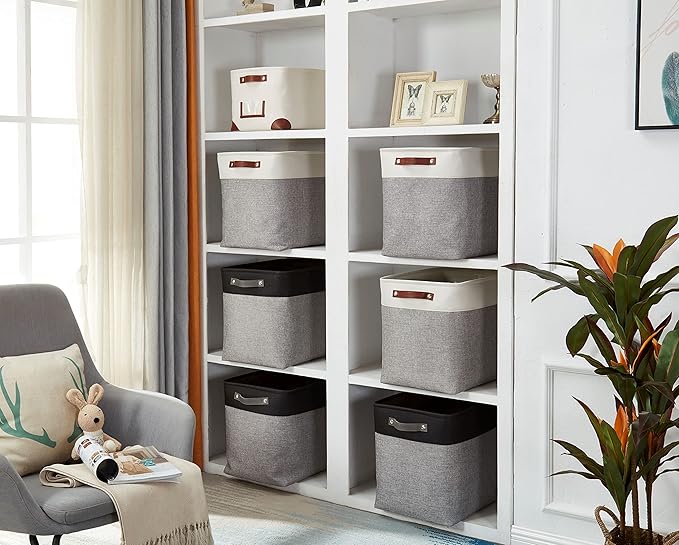 DECOMOMO Storage Baskets | Large Storage Bins 54.5L Fabric Baskets for Organizing Laundry Nursery Toys Cloth Linen Closet Organizers with Handles (Grey and White, XXXL - Jumbo/3P - 17" x 13" x 15")