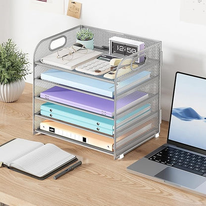 Cawukege 5 Tier Paper Organizer with Handle, Silver Metal Mesh Desk Organizer File Folder Paper Letter Tray Desktop Document Sorter for Classroom, School, Office Accessories Organization and Storage