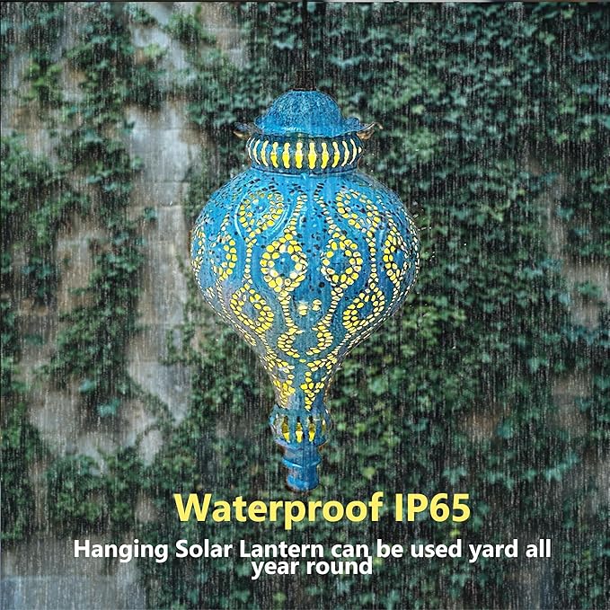 Moroccan Solar Lanterns Outdoor Waterproof Blue Hanging Lanterns Outdoor Ramadan Garden Decor Gardening Gifts for Women Mom Grandma Solar Lights for Patio, Pathway, Yard, Porch, Backyard.