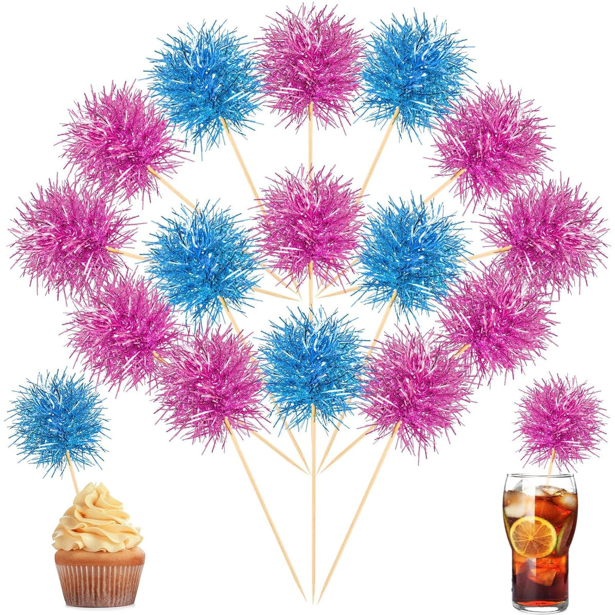 Chinco 100 Pcs Foil Firework Cupcake Toppers Sparkle Tinsel Cake Toppers Cake Decoration Cocktail Fruit Toothpick for Birthday Wedding Graduation Party(Pink, Light Blue)
