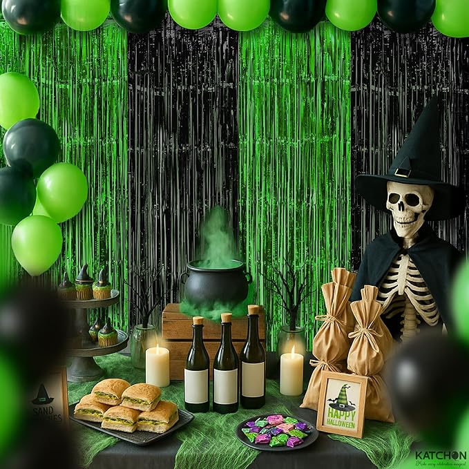 KatchOn, Green and Black Fringe Backdrop Curtains - Pack of 4 | Black and Green Party Decorations | Golf Party Decorations, Birthday, Bachelorette, Wedding, Masters Party Decorations