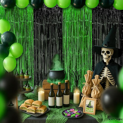 KatchOn, Green and Black Fringe Backdrop Curtains - Pack of 4 | Black and Green Party Decorations | Golf Party Decorations, Birthday, Bachelorette, Wedding, Masters Party Decorations