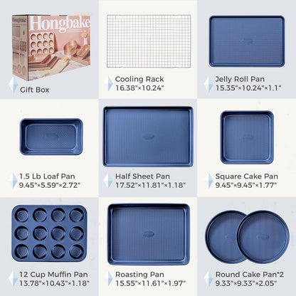 Hongbake 9-Piece Baking Pans Set Nonstick, Stackable Non Toxic Bakeware Sets with Diamond Texture, Oven Pan Set for Cooking