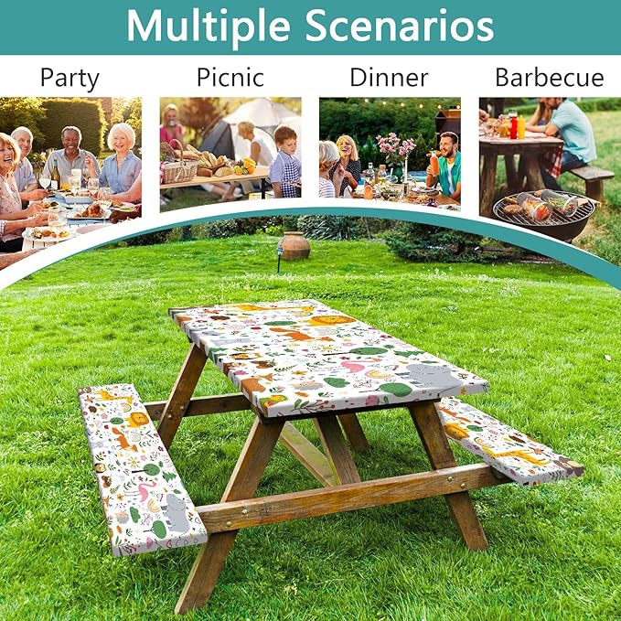 Picnic Table Cover with Bench Covers, Camping Essentials, Jungle Animal Cute Waterproof Windproof Camping Tablecloth, Fitted Tablecloth Cover with Elastic Edge for Indoor Outdoor 30x96 Inch