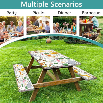 Picnic Table Cover with Bench Covers, Camping Essentials, Jungle Animal Cute Waterproof Windproof Camping Tablecloth, Fitted Tablecloth Cover with Elastic Edge for Indoor Outdoor 30x96 Inch