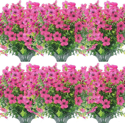 XEOLIAN 12 Bundles Artificial Flowers Outdoor UV Resistant Fake Plastic Plants Indoor Outside Hanging Plants Garden Porch Window Box Home Wedding Farmhouse Festive Shrub Decor (Rose Red)
