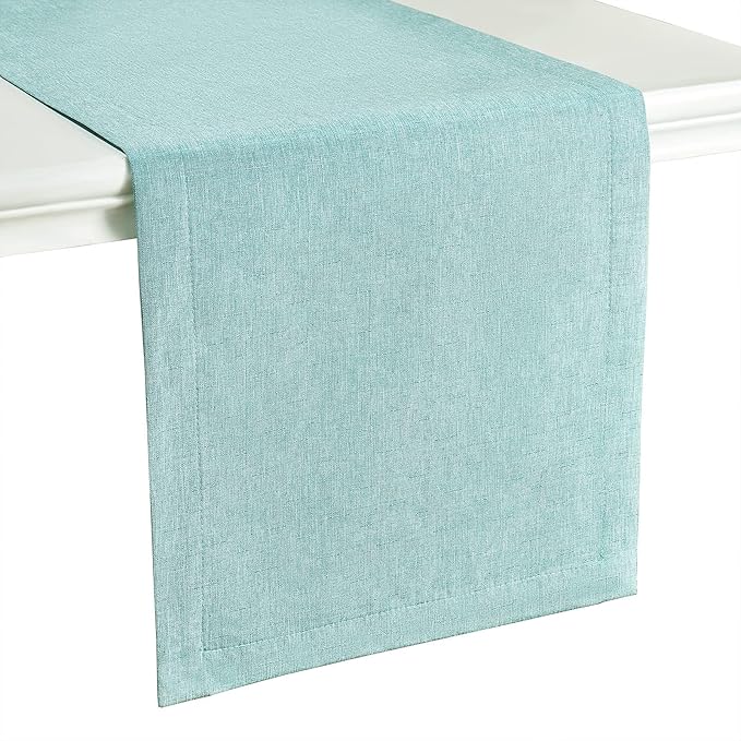 Mebakuk Linen Farmhouse Table Runner Large Burlap Style Soft and Waterproof Decorative Fabric Runner for Outdoor Wedding and Dinner (14 x 144 Inch, Turquoise Blue)
