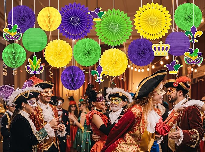 22pcs Mardi Gras Party Decorations – Purple Gold Green Paper Fans, Honeycomb Hangings for Carnival, Centerpieces, Birthday Supplies