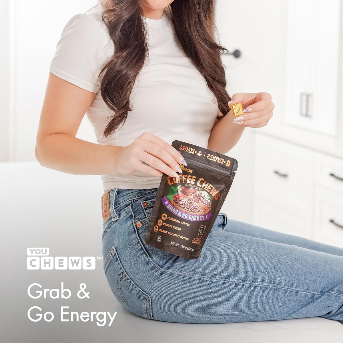 YouChews Coffee Chews - Grab & Go Energy with 100mg per Chew of Clean, Green Caffeine. With Real Organic Ingredients, Low Sugar