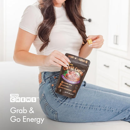 YouChews Coffee Chews - Grab & Go Energy with 100mg per Chew of Clean, Green Caffeine. With Real Organic Ingredients, Low Sugar