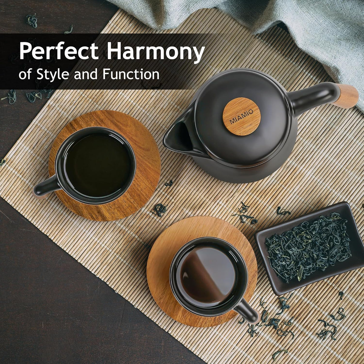 Miamio – 34 Oz Ceramic Tea Pot Set with Infuser and Cups/Tea Strainer, 4 Ceramic Tea Mugs (10 Oz), Bamboo Saucers/Handle for Home and Office (Black)