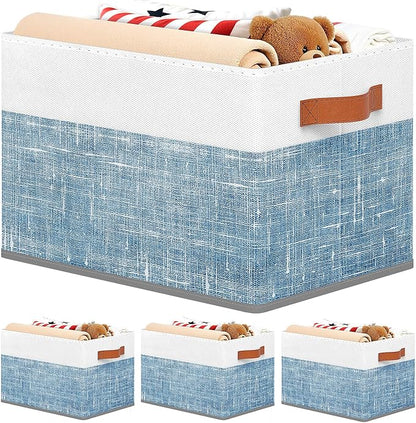 Fab totes Collapsible Storage Baskets for Shelves,14"x10", 4 Pack Foldable Fabric Storage Bins with Double Leather Handles, Large Baskets for Organizing Books, Clothes, White & Blue