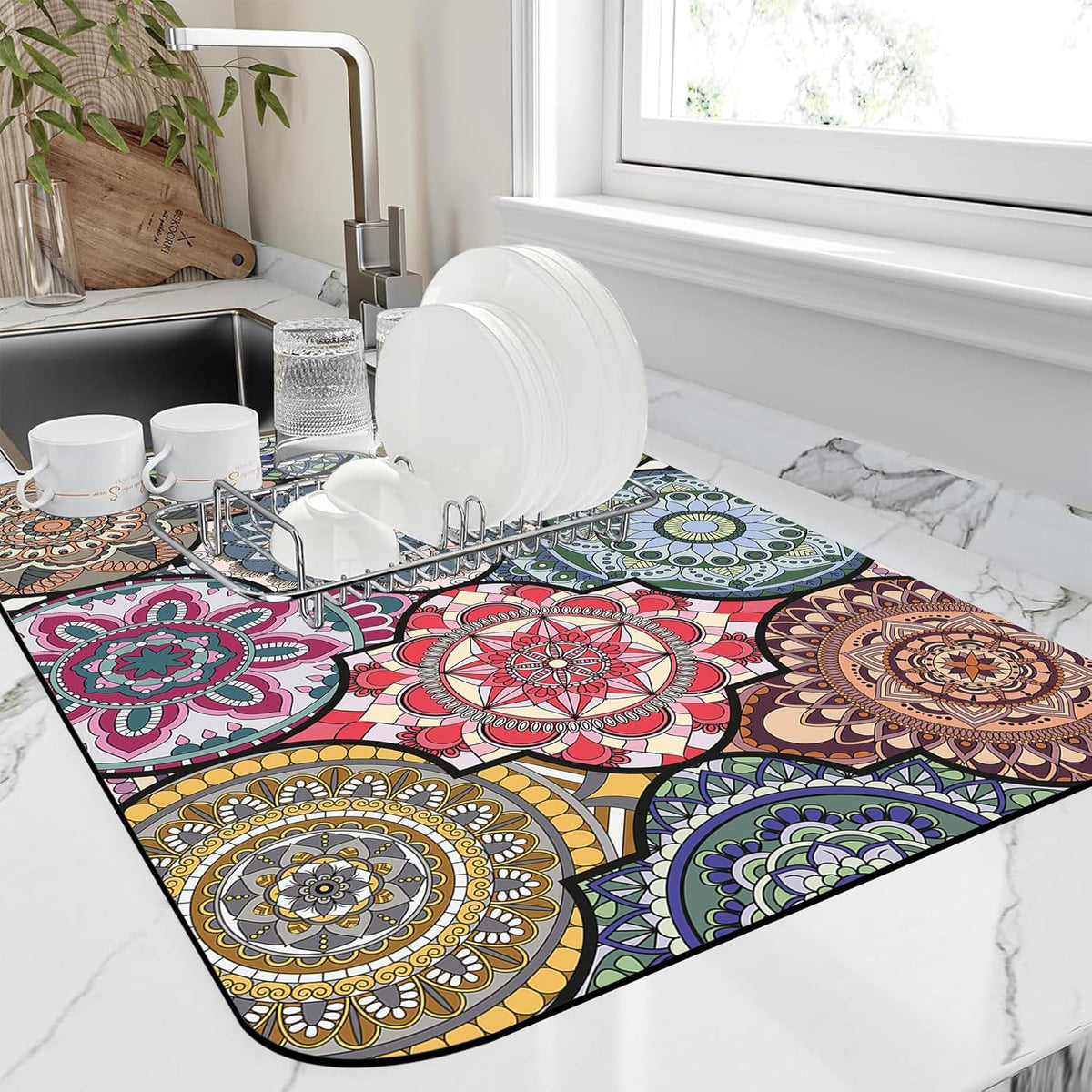 Dish Drying Mat Bohemia Vintage Decorative Pattern Kitchen Mat 16"x24" Bsorbent Coffee Maker Mat for Dishes,Utensils Coffee Maker Pots and Pans Easy Clean Dish Slip Resistant Pad