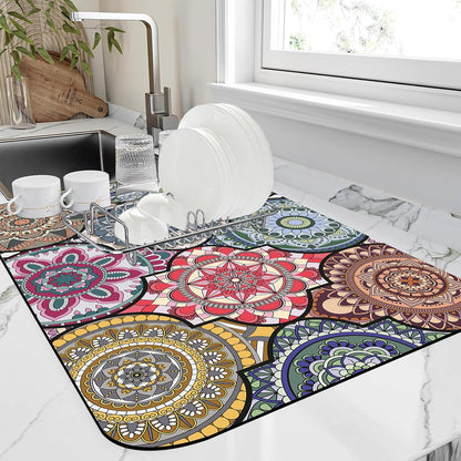 Dish Drying Mat Bohemia Vintage Decorative Pattern Kitchen Mat 16"x24" Bsorbent Coffee Maker Mat for Dishes,Utensils Coffee Maker Pots and Pans Easy Clean Dish Slip Resistant Pad