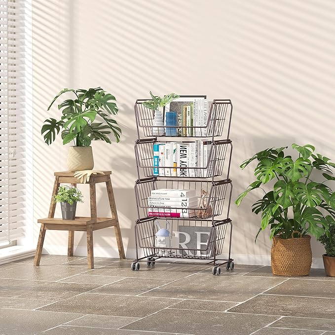 PUSDON 4-Tier Spacious Stackable Wire Storage Baskets with Wheels, Metal Rolling Utility Cart, Produce Basket for Pantry, Bathroom Organizer Shelf, Vintage Bronze