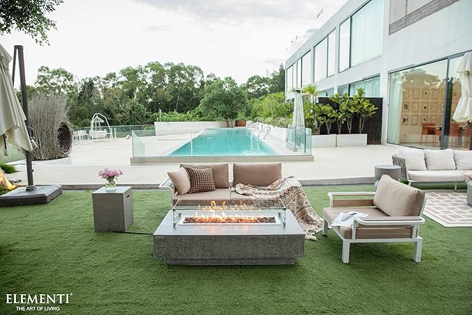 Elementi | Bundle Hampton Gas Fire Pit Cast Concrete 56" Rectangular Fire Table, Outdoor Fire Pit Electronic Ignition | Canvas Cover, Lava Rock Included | Light Gray (Propane Gas)