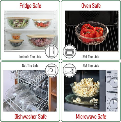 Stackable Space-Saving Set of 5 Nesting Glass Bowls with Bamboo Lids for Foodprep, Storage, Baking, Mixing & Cooking, Microwave & Oven Safe BPA Free Heat Resistant Inert Borosilicate Glass
