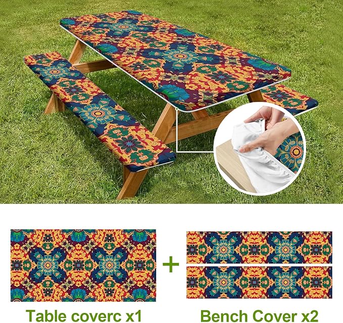 Ornate Geometric Picnic Table Cover with Bench Covers Set of 3-Multicolor Symmetrical Design,Elastic Fitted Tablecloth for 6 Ft Tables, Washable Polyester Cover for Camping, Indoor & Outdoor