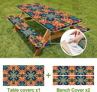 Ornate Geometric Picnic Table Cover with Bench Covers Set of 3-Multicolor Symmetrical Design,Elastic Fitted Tablecloth for 6 Ft Tables, Washable Polyester Cover for Camping, Indoor & Outdoor