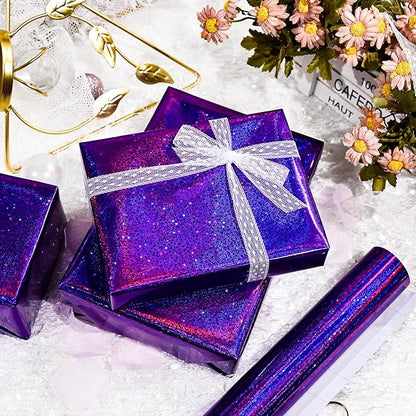 Burymento Purple Wrapping Paper Roll, Metallic Holographic Star Gift Wrap for Birthday, Valentines, Mothers day, Graduation, Wedding, Fathers day, Baby Shower, Christmas (17 IN x 32.8 FT)