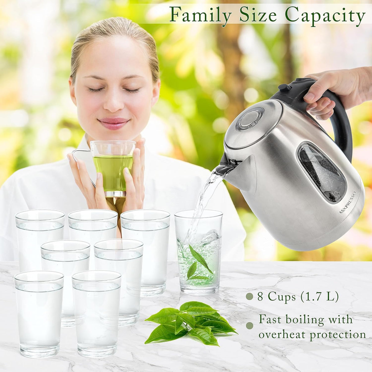 Mixpresso Stainless Steel Electric Kettle, Cordless Pot 1.7L Portable Electric Hot Water Kettle, 1500w Strong Fast Boiling Pot, Water Boiler