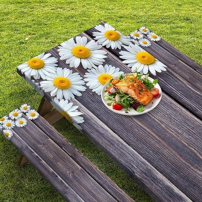 Picnic Table Cover with Bench Covers Elastic Edges, Chamomile Flower Fitted Table Cover, Outdoor Patio Camping Essentials 60 Inch 3PCS, Waterproof Camping Fitted Tablecloth with Drawstring Bag